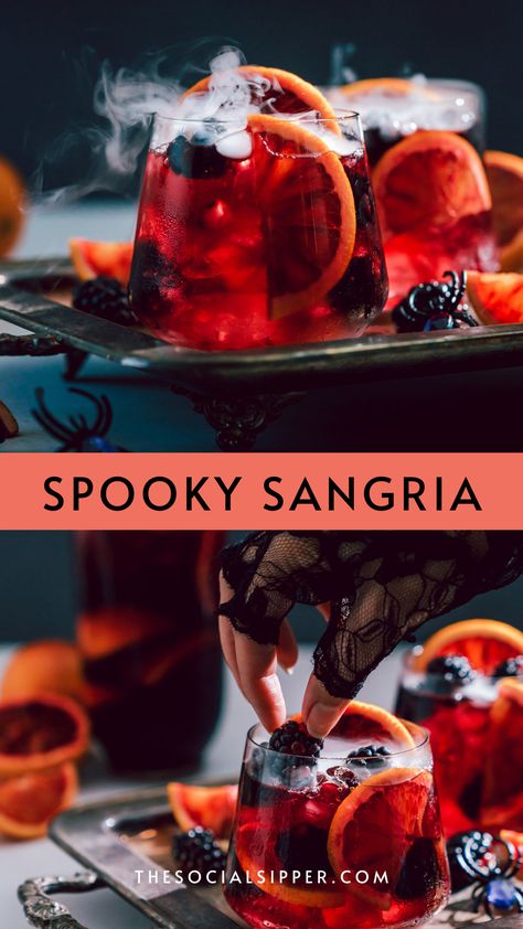 Spooky Party Food Ideas, Sangria Halloween Drinks, Spooky Halloween Sangria, Winery Halloween Party, Spooky Halloween Alcoholic Drinks, Halloween Drink Bar Ideas, Psychic Party Decorations, Halloween Party Drink Ideas For Adults, Hocus Pocus Themed Cocktails