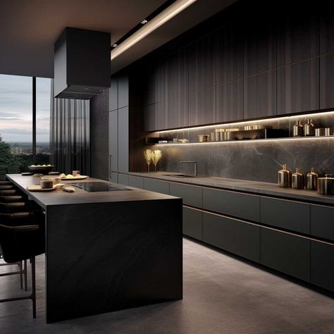 7+ Stunning Ideas for Modern Dark Kitchen Designs • 333+ Images • [ArtFacade] Modern Dark Kitchen, Penthouse Kitchen, Modern Minimalist Kitchen, Black Kitchen Island, Dark Modern, Modular Kitchen Design, Dark Kitchen, Kitchen Inspiration Design, Minimalist Kitchen