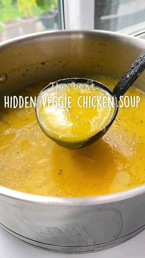 This hidden veggie chicken soup is the ultimate comfort foodand the best dinner recipe for this fall and cold daysNot only is it easybut it has the most stunning colour because of the blended and hidden veggiesThis soup is for anyone that is super picky with veggies and wants a delicious and smooth texture. Veggie Chicken Soup, Soup For Sick, Hidden Vegetable Recipes, Chicken Soup Recipes Homemade, Hidden Vegetables, Veg Soup, Best Dinner, Hidden Veggies, Fall Dinner Recipes