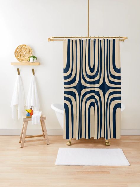 "Midcentury Modern Confaab Abstract Pattern in Mid Mod Navy Blue and Beige" Shower Curtain for Sale by kierkegaard | Redbubble Beige Shower Curtain, Patterned Curtains, Navy Blue And Beige, Mid Century Boho, Curtain Patterns, Mid Mod, Curtains For Sale, Designer Shower Curtains, Midcentury Modern