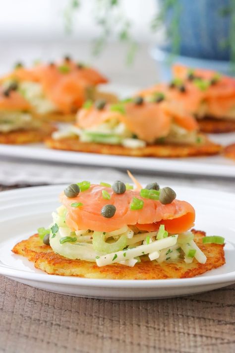 slaw ingredients – celery, cucumber Potato Pancake Appetizer, Pancake Appetizer, Celery Slaw, Salmon Capers, Smoked Salmon Appetizer, Salmon Appetizer, Potato Pancake, Potato Appetizers, Creamed Cucumbers