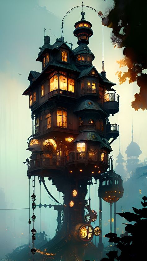 Steampunk treehouse, ai art #digitalart Steampunk Building Concept Art, Steampunk House Exterior, Steampunk Treehouse, Steampunk Birdhouse, Steampunk Castle, Steampunk Building, Dnd Places, Steampunk Tree, Steampunk City