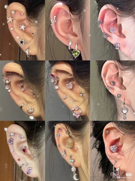 Ear With Multiple Piercings, Pretty Piercings Ear, Crazy Ear Piercings, Lot Of Ear Piercings, Ear Inspo Jewelry, Edgy Ear Piercings Aesthetic, 4 Piercings In Ear, Fully Pierced Ears, Ear Piercing Set Up