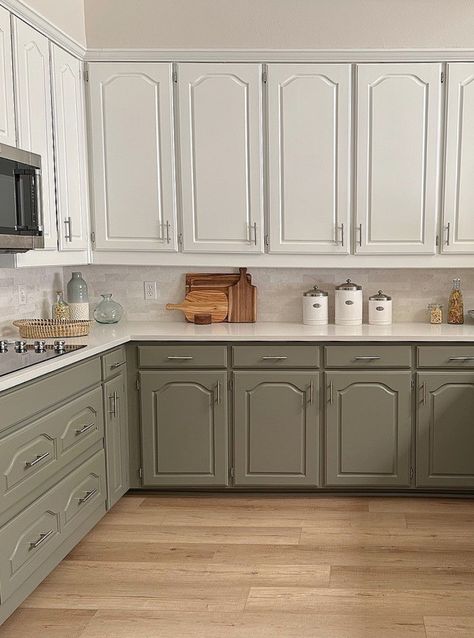 Two Toned Kitchen Cabinets Farmhouse Paint, White Kitchen With Painted Cabinets, Cathedral Kitchen Cabinets Makeover, Cathedral Kitchen Cabinet Doors, Cathedral Raised Panel Kitchen Cabinets, Kitchen Cabinets Old Style, Kitchen Cabinets With Arched Doors, Old Style Kitchen Cabinets, Coconut Toasted Almond Cabinets