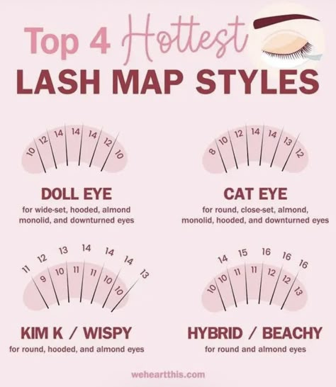 Mannequin Lash Map, Simple Lash Mapping, Lash Cluster Placement, Different Lash Mapping Styles, Lashes For Round Almond Eyes, Dolleyelashes Map, Lash Map For Beginners, Eyelash Mapping For Hooded Eyes, Different Eye Shapes Lash Extensions