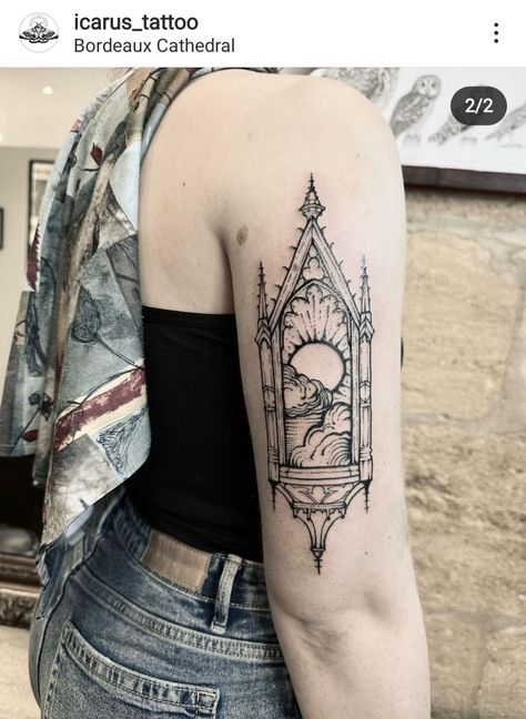 Iron Gate Tattoo, Vintage Window Tattoo, Gothic Cathedral Window Tattoo, Black And White Stained Glass Tattoo, Gothic Literature Tattoo, Castle Window Tattoo, Victorian Window Tattoo, Gothic Half Sleeve Tattoo, Vintage Picture Frame Tattoo