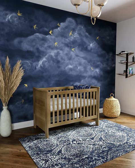 Night Theme Nursery, Nursery Ideas Starry Night, Sky Baby Nursery Boy, Sky Mural Nursery, Night Sky Nursery Mural, Youth Bed, Girl Playroom, Dark Nursery, Night Nursery