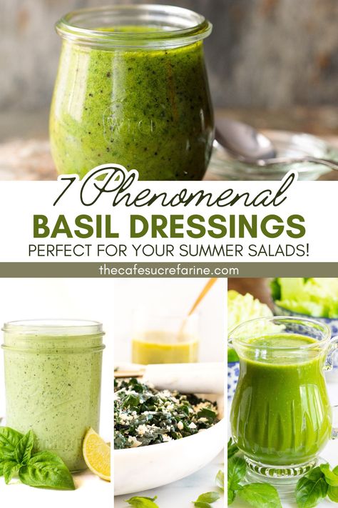 These 7 Phenomenal Basil Dressings are here to fill your summer with incredible flavor! They will spruce up your salads and make you crave veggies and greens all season long. Each one of these dressings is super easy to make as well, so check out the full list and I'm sure you'll find a new favorite! Basil Salad, Basting Sauce, Summertime Salads, Buttermilk Dressing, Pizza Sauce Homemade, Bbq Seasoning, Refreshing Salad, Vinaigrette Recipes, Dressing Recipes