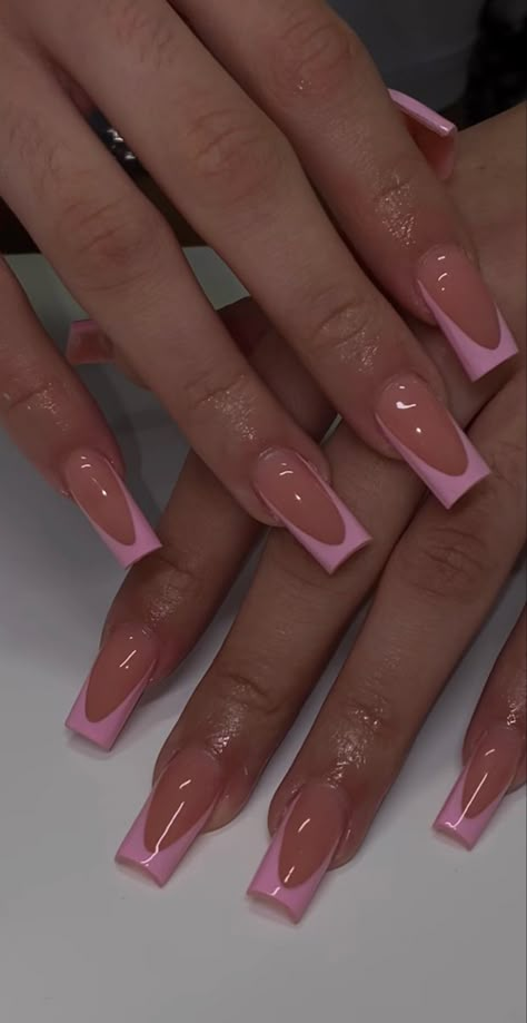 Color Underneath Nails, Pink Nails With A Design, Pink Tips Nails Acrylic, Clear And Pink Nails, Pink Red Bottom Nails, Different Shades Of Pink French Tips, Pink Base Nails With Design, February Nails Simple, Pink Square French Tip Nails