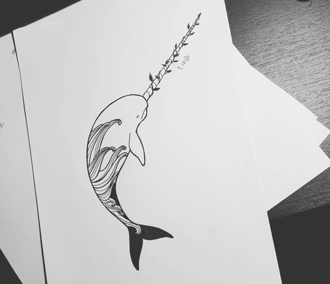 Narwhal Drawing Simple, Narwal Drawing, Narwal Tattoo, Narwhal Drawing, Narwhal Tattoo, Whale Sketch, Narwhal Art, Whale Tattoos, Ocean Tattoos