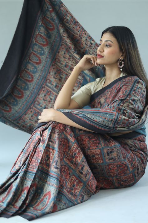 Ajrakh sarees are all one of a kind! The Multi coloured hand Ajrakh is a masterpiece to have in every Almari. Ajrakh Sarees, Simple Doodles, Multi Color, Doodles, Saree, Quick Saves, Color