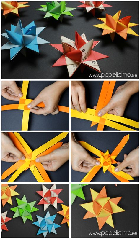 DIY Origami Stars                                                                                                                                                      Más X Mass Decorations, German Stars Tutorial, Paper Strip Origami, Christmas Origami Tutorial, What To Do With Paper Stars, Origami Stars Step By Step, Origami Star Instructions, Diy Christmas Paper, Origami Tutorials