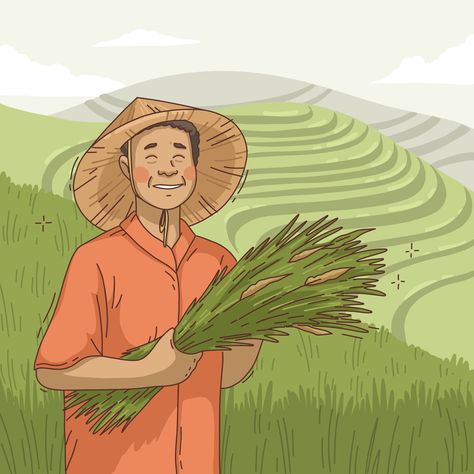 Rice Farming Illustration, Farming Drawing Easy, Indian Farmer Drawing, Farmer Drawing Easy, Farmers Drawing, Rice Field Painting, Farming Drawing, Agriculture Poster, Farming Illustration