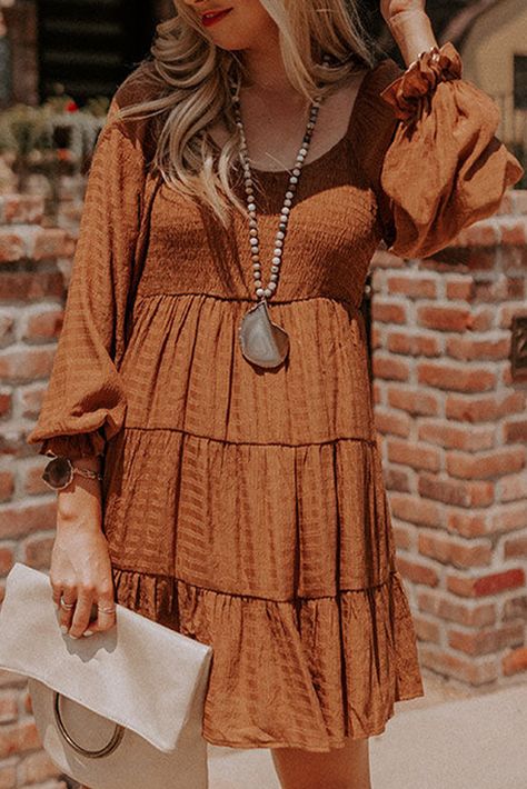 $10.6 Brown Bishop Sleeve Smocked Tiered Mini Dress Wholesale Bishop Sleeve Dress, Brown Mini Dress, Long Sleeve Boho Dress, Umbrella Skirt, Tiered Mini Dress, Korean Casual, Long Sleeve Casual Dress, Ethnic Dress, Bishop Sleeve