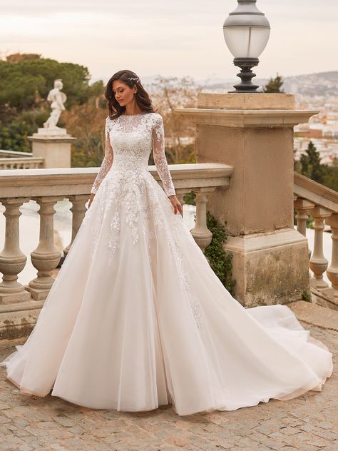 Princess wedding dress with boat neckline, long sleeves and transparent back Pronovias Wedding Dress, Pretty Wedding Dresses, Fancy Wedding Dresses, Cute Wedding Dress, White Wedding Dress, Princess Wedding Dress, Dream Wedding Ideas Dresses, Modest Wedding, Sleeve Wedding Dress