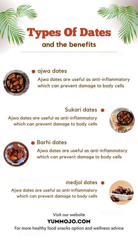 ajwa dates
Barhi dates
Sukari dates
medjol dates

Ajwa dates are useful as anti-inflammatory which can prevent damage to body cells Benefits Of Eating Dates, Types Of Dates, Eating Dates, Ajwa Dates, Body Cells, Snack Options, Healthy Snacks Recipes, Health Benefits, Dates