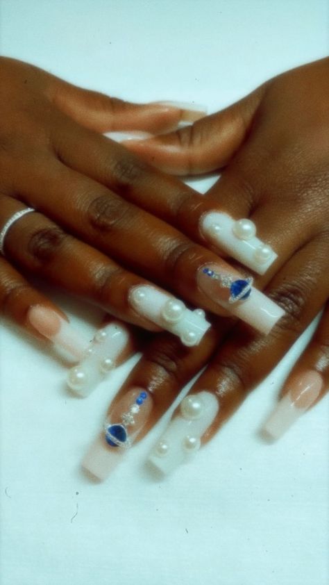 Old Acrylic Nails, Nails W Pearls, Acrylic Nails With Pearls, Pearl Acrylic Nails, Blue Pearl Nails, Trend Hairstyle, Blue Prom Nails, Planet Nails, Flare Nails