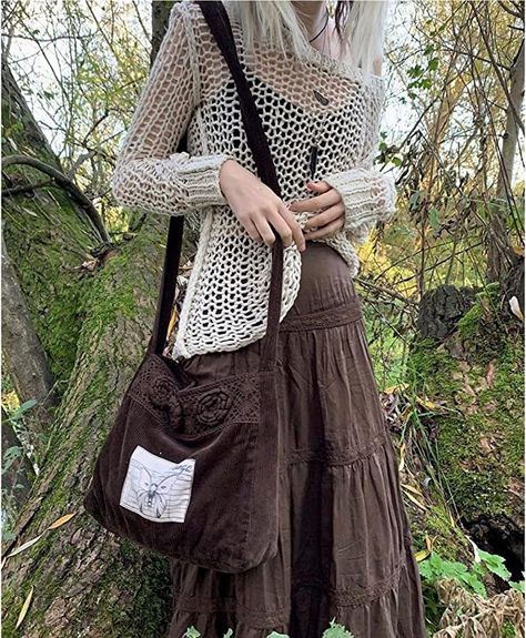 Fairy Grunge Fall Outfits, 2000s Fashion Outfits Skirts, Long Brown Skirt Outfit, Brown Skirt Outfits, Brown Maxi Skirt Outfit, Brown Skirt Outfit, Fairy Grunge Outfit, Long Brown Skirt, High Waist Pleated Skirt