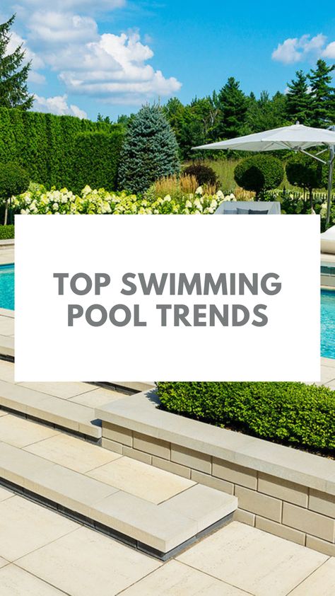 Discover Techo-Bloc's top swimming pool trends today! Rectangle Pool With Tanning Ledge, Sunshelf Pool, Modern Pool Tile Ideas, Tile For Pool, Paver Pool Deck, Pool Retaining Wall, Modern Pool Design, Swimming Pool Trends, Travertine Deck