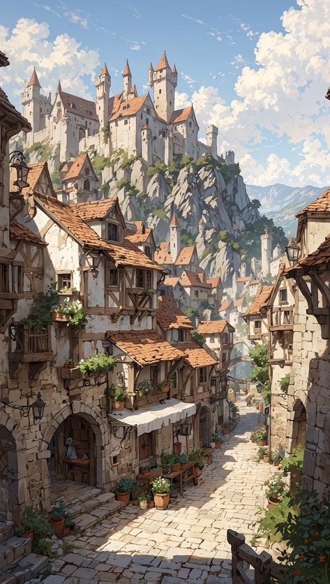 🏰 "The Paladin's Quest: Unveiling Legends" In a sun-drenched valley nestled a majestic castle, perched atop craggy cliffs. Below, a village brimmed with life; its cobblestone streets and timbered houses echoed with the bustling of daily toil. Here, a paladin clad in gleaming armor took his first steps on a fabled quest. He was to retrieve a lost relic, shielded by the whispers of ancient spirits atop the highest tower. Valor guiding him, he ventured through the village, hearts alight with ho... House On The Side Of A Hill, Medieval Town Concept Art, Medivial Village, Dnd City Art, Fantasy Village Art, Fantasy Village Concept Art, Mythical Village, Fantasy Castle Art, Medieval Town Square