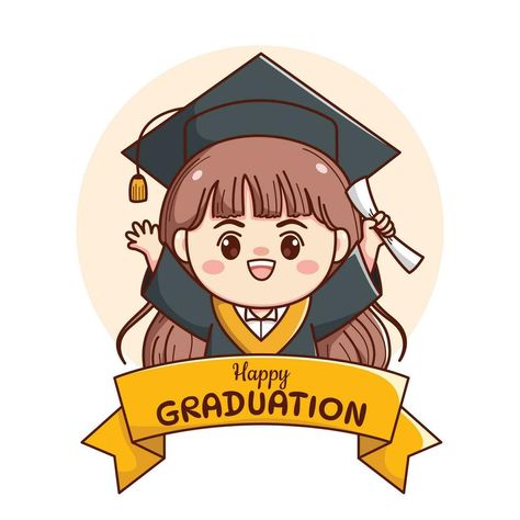 Banner or ribbon happy graduation  girl with cap and gown cute kawaii chibi cartoon Graduation Cartoon, Chibi Cartoon, Graduation Printables, Happy Graduation, Beauty Art Drawings, Chibi Girl, Cap And Gown, Kawaii Chibi, Beautiful Images Nature