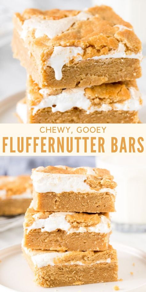 2 photos of fluffernutter bars Fluffernutter Bars, Marshmallow Dessert Recipes, Marshmallow Dessert, Marshmallow Desserts, Fluff Desserts, Peanut Butter Cookie Dough, Dessert Bar Recipe, Peanut Butter Desserts, Bar Recipe