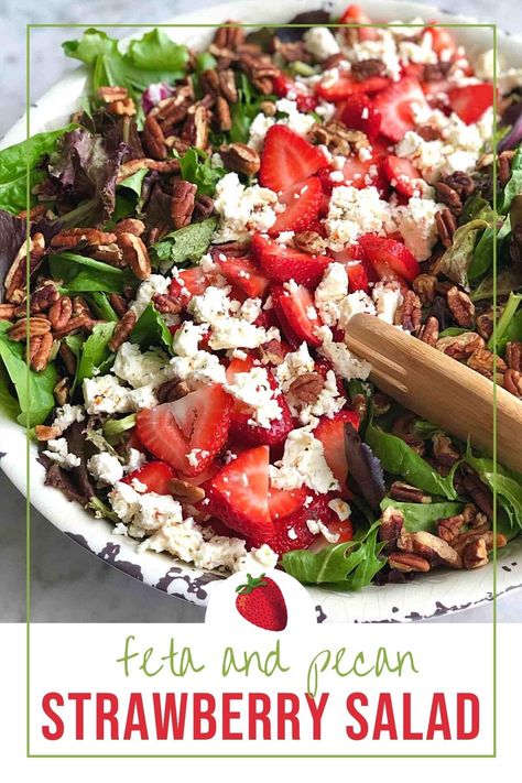 strawberry salad with feta in a bowl. Salad With Pecans And Feta, Galentines Party Salad, Big Salad For Party, Strawberry Feta Salad Dressing, Salad Feta Recipes, Big Salad Recipes Healthy, Strawberry Pecan Salad Recipe, Valentine Salad Recipes, Healthy New Years Day Recipes