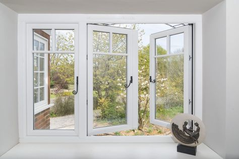 Casement windows feature an outward opening design. Efficient and secure, they are available in uPVC, timber and aluminium to suit individual requirements. French Window Design, Casement Windows Exterior, Window Design Ideas, Sunroom Windows, Double Glazed Sash Windows, French Window, Fence Gate Design, Window Designs, Casement Window