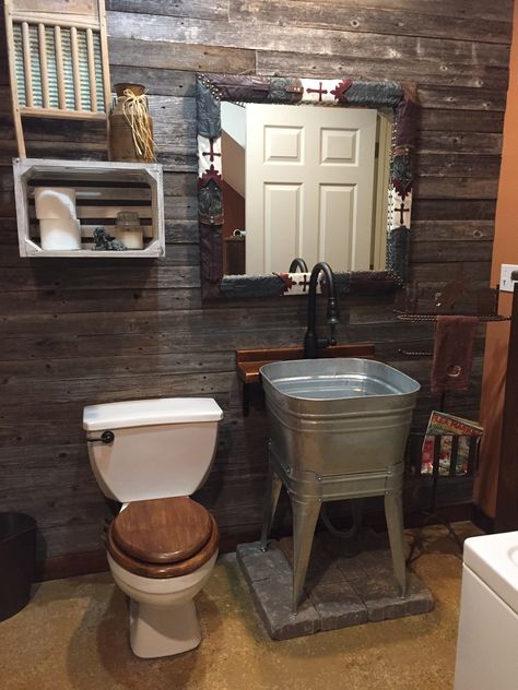 Laundry room upgrade with barn wood accent wall and wash tub sink Poolhouse Bathrooms, Bar Bathroom Ideas, Barn Bathroom Ideas, Wash Tub Sink, Barn Wood Accent Wall, Laundry Room Upgrade, Basement Vibes, Outhouse Bathroom, Rustic Bathroom Remodel