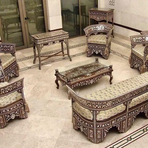 Arab Furniture, Syrian Decor, Bedroom Collections Furniture, Riad Marrakech, Wooden Sofa Set Designs, Small Room Design Bedroom, House Interior Design Styles, Casa Country, Luxury Bedroom Design