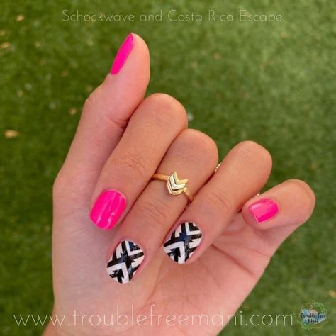 Color Street Costa Rica Escape, Shockwave Color Street Combo, Costa Rica Escape Color Street Combo, Nails With Pink Accent, Color Street Shockwave, Aztec Nail Designs, Nails With Accent, Mixed Manicure, Summer Nails Neon