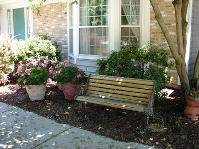 Bench in front yard. Outdoor Seating Front Of House, Outdoor Bench Ideas Front Yards, Bench In Landscaping Front Yard, Bench In Front Yard Landscape, Flower Beds With Benches, Bench In Front Of House Landscaping, Front Yard Landscaping With Bench, Front Yard Bench Ideas Seating Areas, Front Yard Seating Area Ideas No Porch