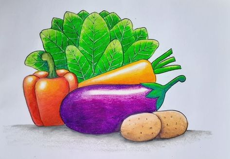 How To Draw Vegetables Easy, Oil Pastel Vegetables, Drawing For 5th Class Student, How To Draw Vegetables, Drawing Fruits And Vegetables, Vegetable Painting For Kids, Vegetable Drawing For Kids, Vegetables Drawing For Kids, Watermelon Art Painting