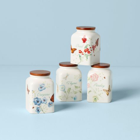 Butterfly Meadow Cooking Spice Jars, Set Of 4 Spice Jars Aesthetic, Ceramic Treat Jar, Cute Spice Jars, Vintage Spice Jars, Floral Kitchen Decor, Vibrant Butterfly, Lenox Butterfly Meadow, Butterfly Meadow, Spice Jar Set