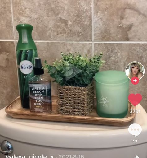 Toilet Sink Decor, Small Bathroom Tray Decor, Top Of Toilet Decor, Bathroom Inspiration Green, Farmhouse Bathroom Aesthetic, Master Bath Remodel Farmhouse, Bathroom Counter Decor Double Sink, Bathroom Countertop Organization Ideas, Half Bathroom Ideas