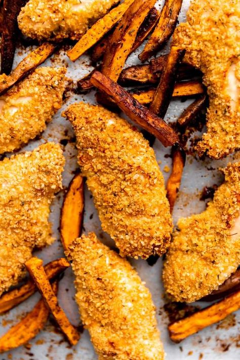 Chicken Fingers And Fries, Crispy Parmesan Chicken, Frozen Sweet Potato Fries, Parmesan Chicken Tenders, Sweet Potato Recipes Fries, Breaded Chicken Tenders, Parmesan Bread, Sweet Potato Skins, Crispy Sweet Potato