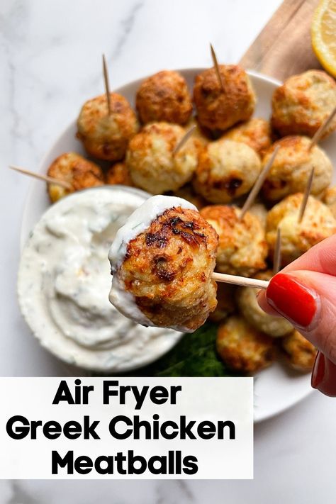 Air Fryer Greek Chicken Meatballs (with Lemon Dill Yogurt Sauce) Dill Chicken Meatballs, Healthy Meatball Appetizer, Meatball On A Stick, Healthy Meatball Recipes, Air Fryer Greek Chicken, Healthy Meatball Recipe, Greek Chicken Meatballs, Dill Yogurt Sauce, Healthy Greek Recipes