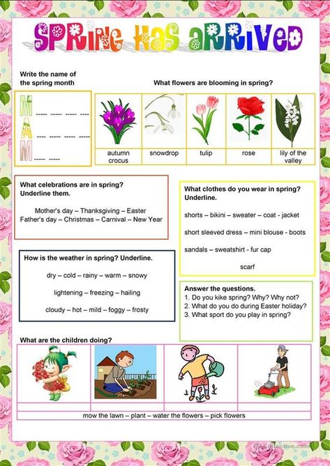 This worksheet is meant for very young learners. The students can practice spring vocabulary, including clothes, activities, and weather. Spring Word Search, Spring Vocabulary, Seasons Worksheets, Spring Worksheet, Summer Worksheets, Creative Lesson Plans, Spring Words, Teaching English Online, School Coloring Pages