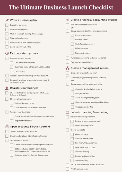 Starting a business doesn't need to be overwhelming! Use this guide to check off every box and get your business ready to launch today.  Let us know how we can help!   www.pglaconsulting.com Checklist For Starting A Small Business, Relaunching Your Business, Business Start Up Checklist, Business Launch Checklist, Starting A Business Checklist, Shopify Tips, Starting A Small Business, Business Knowledge, Llc Business