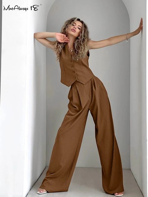 2688.6RSD 48% OFF|Mnealways18 Vintage Brown Stripe Pants Suits Office Ladies Vest Tops And Pleated Trousers Spring Summer 2024 Solid Casual Sets| |   - AliExpress Striped Suit, Vest Tops Women, Striped Two Piece, Vest Set, Womens Clothing Patterns, Striped Vests, Solid Color Pants, Vest Pattern, Type Of Pants