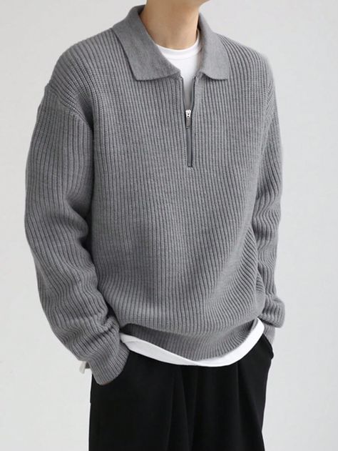 Grey Casual Collar Long Sleeve Fabric Plain Pullovers Embellished upper cuff circumference  Men Clothing Round Neck Cardigan, Herren Style, Jeremy Allen White, Zip Collar, Drop Shoulder Sweaters, Mens Pants Fashion, Knitwear Men, Collar Sweater, Casual Sweaters