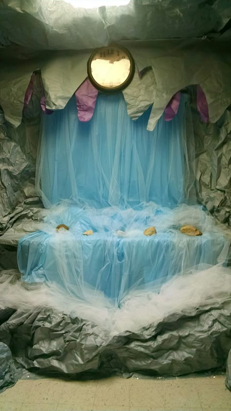 Cave Quest Cavern Cafe Vbs Waterfall, Cave Quest Vbs, Waterfall Decoration, Cave Quest, Weird Animals Vbs, Beach Theme Classroom, Ganpati Decoration Theme, Vbs Decorations, Jungle Decorations