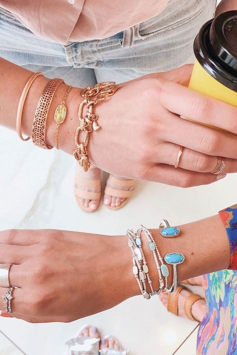 Need bracelet stacking ideas? No matter your style, Kendra Scott has a bracelet for you! Whether you stack two, three, or four of them, these bracelets are sure to add elegance and freshness to your look! Bracelet Ideas With Charms, Bracelet Stacking Ideas, Necklaces Charms, Charm Bracelet Ideas, Kendra Scott Bracelet, Stacked Bracelets, Birthday Necklace Gift, Bracelets Charm, Trending Bracelets