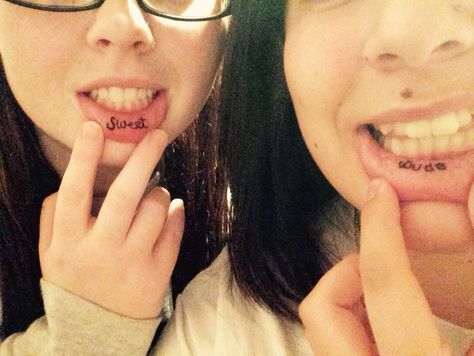 Sweet and dude tattoo with my best friend  Inner lip tattoo Dua Lip Tattoos, Best Friend Lip Tattoos, Sweet Dude Tattoo, Small Lips Tattoo, Dude Sweet Tattoo, Matching Lip Tattoos, Dude And Sweet Tattoos, Funny Lip Tattoo, Inside Lip Tattoos Ideas