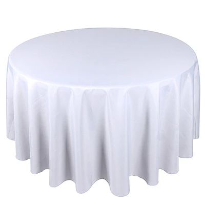 Polyester Tablecloths - BBcrafts offers superior quality polyester round tablecloths in a variety of colors, sizes & patterns at wholesale prices. Shop Now! 90 Inch Round Tablecloth, Tablecloth Sizes, White Table Cloth, Wedding Linens, Table Ronde, Tulle Fabric, Buffet Table, Round Tablecloth, Chair Covers