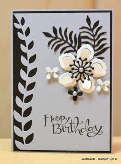 A very striking birthday card using the Stampin' Up! Botanical Builder Framelits Dies. www.janbcards.com Birthday Card For Women, Ideas Birthday Card, Birthday Card Ideas, Gardens Ideas, White Cards, Bday Cards, Birthday Cards For Women, Stamping Up Cards, Punch Cards