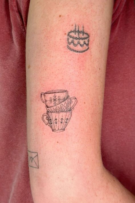 Tea Cup Fine Line Tattoo, Stacked Teacup Tattoo, Elbow Framing Tattoo, Fill Your Own Cup Tattoo, Espresso Machine Tattoo, 3 Of Cups Tattoo, Bread And Wine Tattoo, Cozy Tattoo Ideas, Tea Cups Tattoo