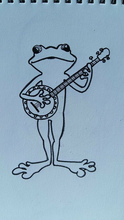 Frog Playing Instrument Drawing, Frog Playing Banjo Drawing, Banjo Drawing Simple, Frog With Guitar Drawing, Goofy Frog Tattoo, Standing Frog Tattoo, Frog Wearing Cowboy Hat Tattoo, Frog Leaping Drawing, Frog Playing Guitar Drawing