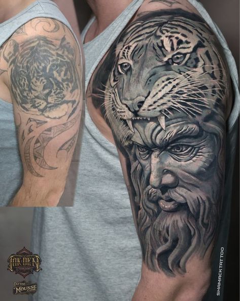 Cover Up Tattoo done by Shamack Cover Up Tattoos For Men Arm, Shoulder Cover Up Tattoos, Viking Tattoos For Men, Cover Up Tattoos For Men, Tattoo Coverup, Cool Half Sleeve Tattoos, Coverup Tattoo, Money Tattoo, Blackout Tattoo