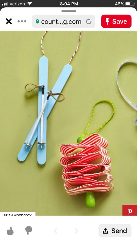 Easy Homemade Christmas Ornaments, Easy To Make Christmas Ornaments, Hot Glue Sticks, Homemade Christmas Ornaments Diy, Homemade Christmas Ornaments, Homemade Christmas Tree, Wooden Craft Sticks, Water Ski, Ribbon Candy